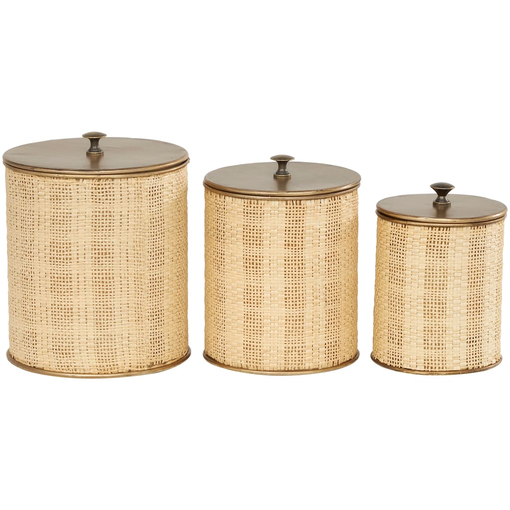 Metal Handmade Woven Decorative Jars with Bronze Metal Lids - Set of 3 Beige - Roche River Decor - 7"W x 7"L x 9"H