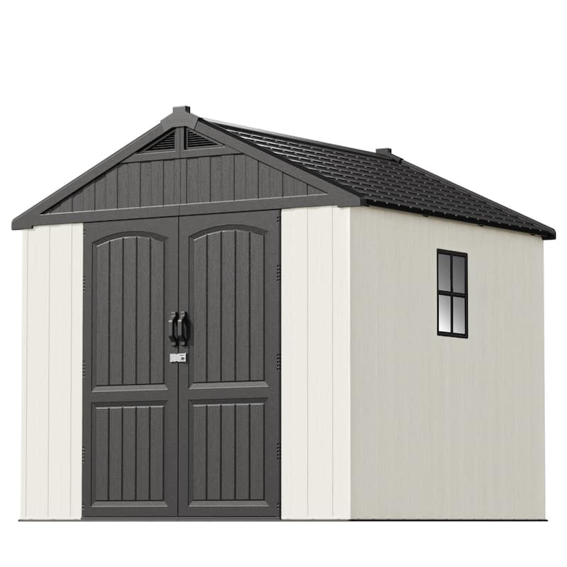 Patiowell 8' x 6' / 8' x 8' / 8' x 10 '/ 8' x 12' Plastic Outdoor Shed With Floor for Patio Furniture, Tools (Kick-It Shed) - 8' x 8' - Off-White