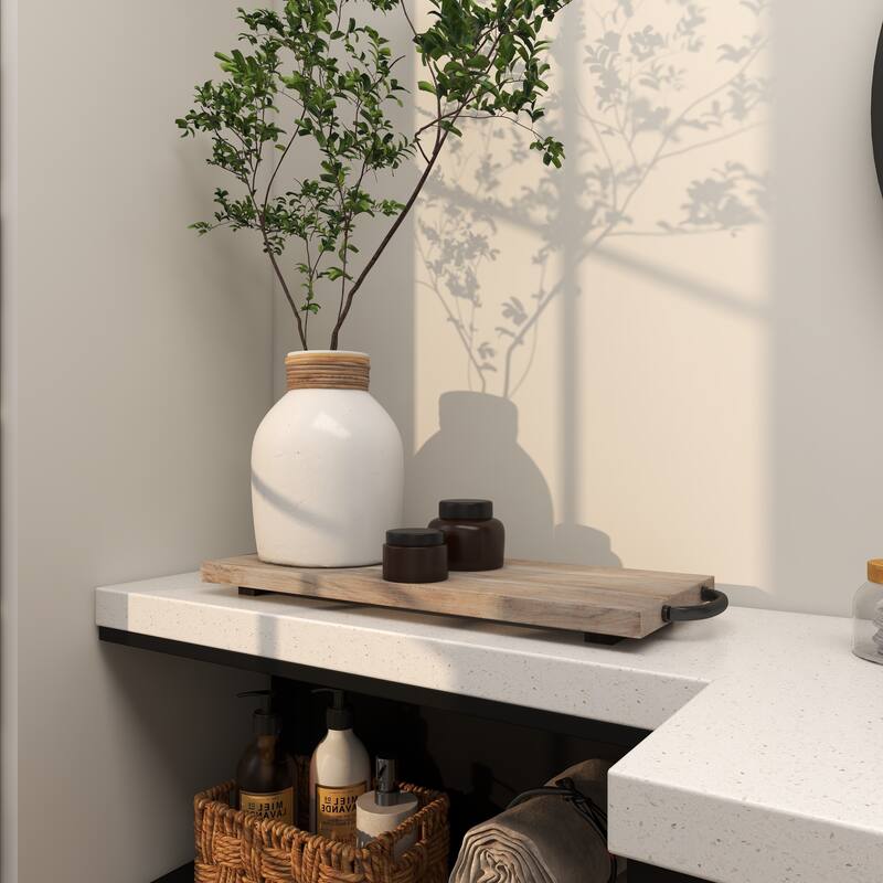 Minimalist Mango Wood Tray with Black Metal Handles - Cream or Brown