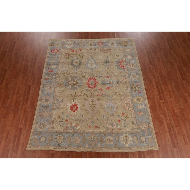 Hand Knotted Oriental 100% Wool Carpet Transitional All-Over Beige & Ivories Oushak Area Rug - 9' 10'' X 7' 9''