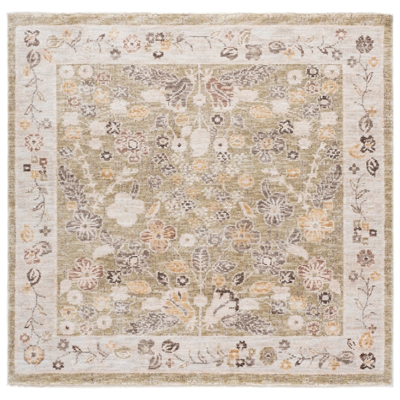 Martha Stewart by SAFAVIEH Yukimi Vintage Floral Distressed Rug - 6'3" Square - Green/Ivory