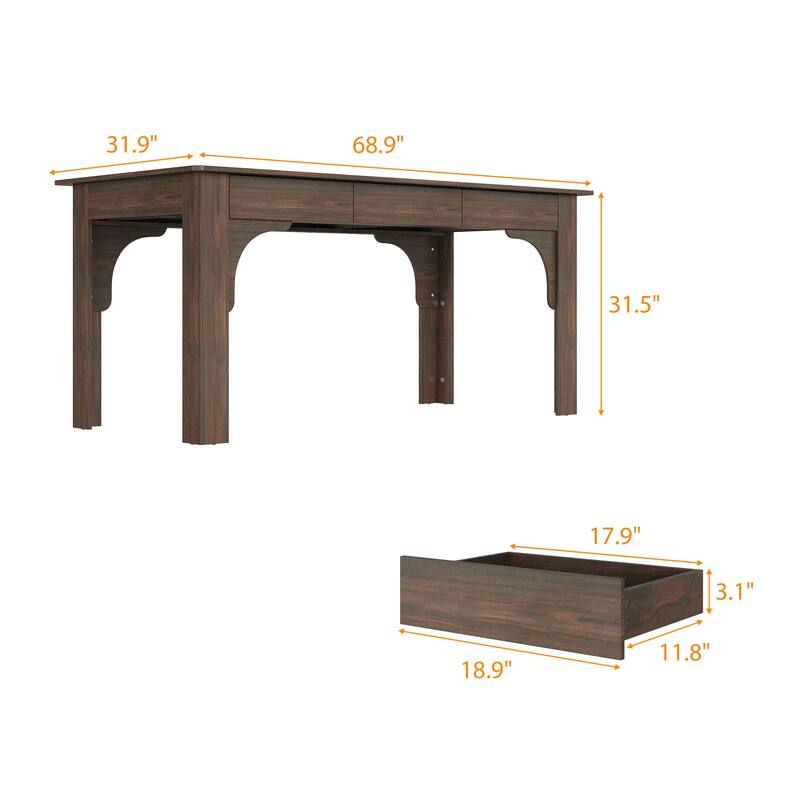 68.9" Working Desk Wood Dining Table with 6 Drawers Kitchen Table Rectangular Writing Table