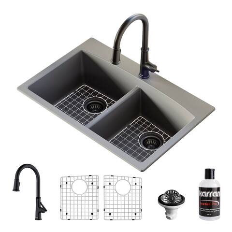 Karran Drop-In Quartz Composite 33 in. 1-Hole 50/50 Double Bowl Kitchen Sink in Grey with Kitchen Faucet in Matte Black