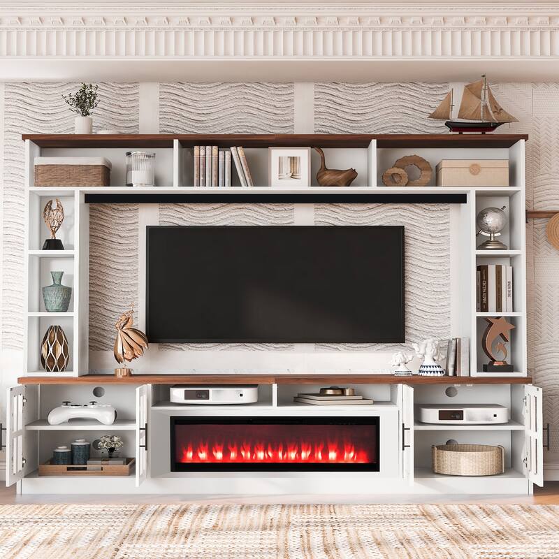 95.5" Entertainment Center with Electric Fireplace, Large Wall Unit TV Stand Media Console with Bookshelves for TVs up to 80" - White+Walnut
