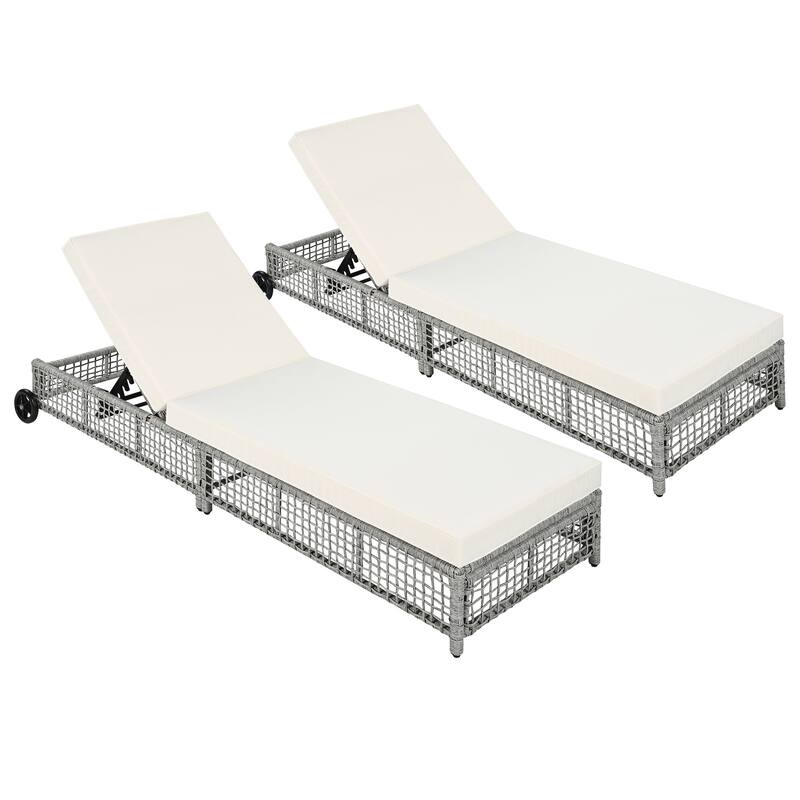 2 Pieces Outdoor Chaise Lounges Set for Poolside Garden, Adjustable Reclining Sun Lounger with Cushion & Wheels for 2 People