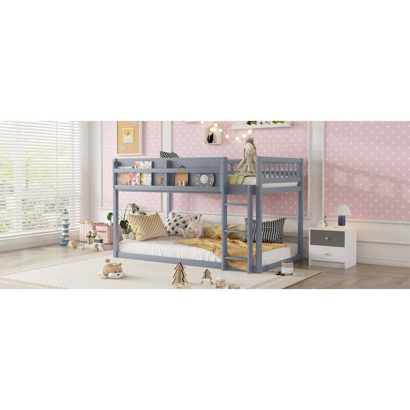 Roomfitters Twin Over Twin Bunk Bed, Low Floor Loft Platform Bed and Shelf with Wooden Frame for Bedroom