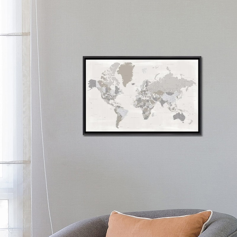 iCanvas "Highly Detailed World Map In Taupe, Donah" by blursbyai Framed