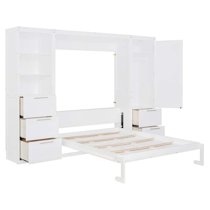 Queen Murphy Wall Bed with Wardrobe, Drawers & Adjustable Shelving - Multifunctional Cabinet Bed