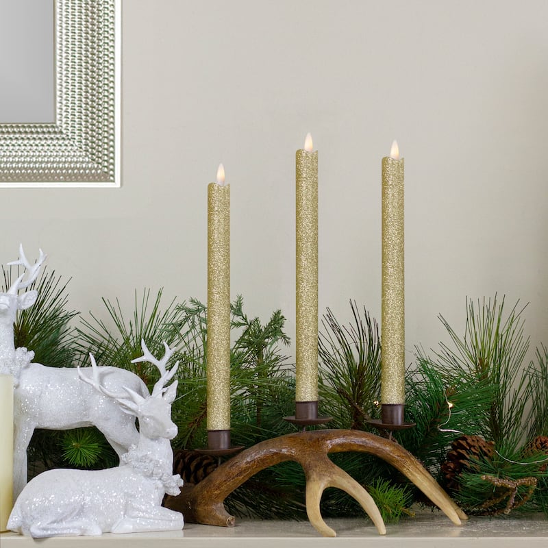 Set 2 Gold Glittered Flameless LED Taper Christmas Candles 11"
