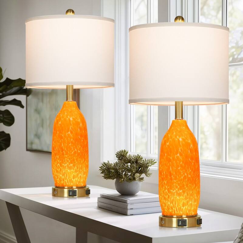 26" Orange Spot Glass Table Lamp with USB-C Charging, Dual Lighting & Metal Touch Switch(Set of 2) - 12'' x 12'' x 26''