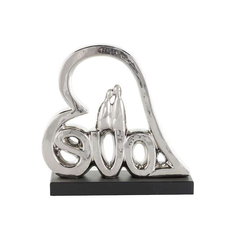 Silver Ceramic Family Love Heart Decorative Sculpture with Black Base