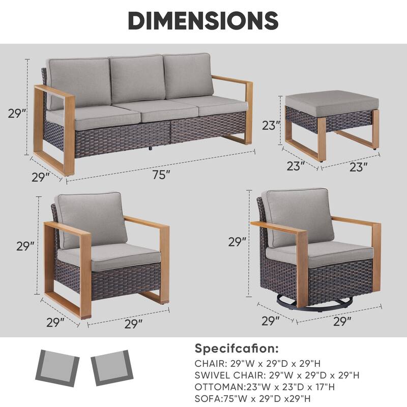 Patio Sofa with Rocking Chair Ottomans and Coffee Table - Brown