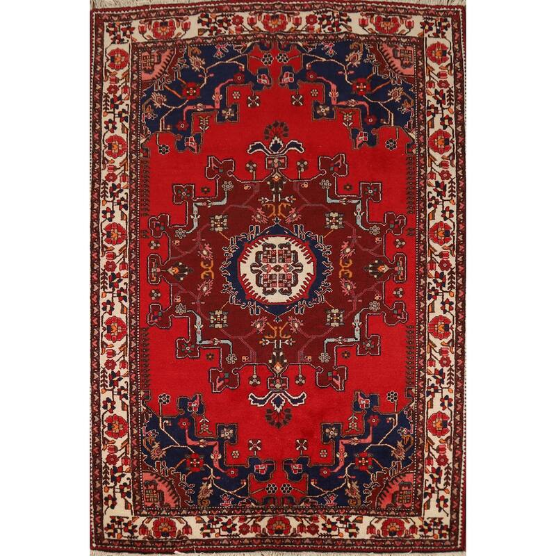 Red Geometric Hamedan Persian Rug Handmade Wool Carpet - 4'8"x 6'4"