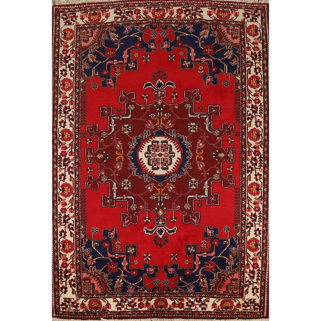 Red Geometric Hamedan Persian Rug Handmade Wool Carpet - 4'8"x 6'4"