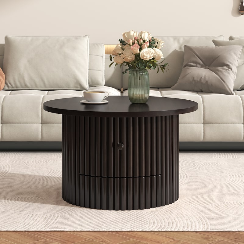Round Coffee Table for Living Room in Natural, Farmhouse Coffee Table with a Drawer, Center Table with Vertical Slat Base