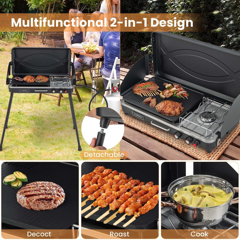 Portable Camp Grill 2-Burner Propane Camping Stove w/ Detachable Legs