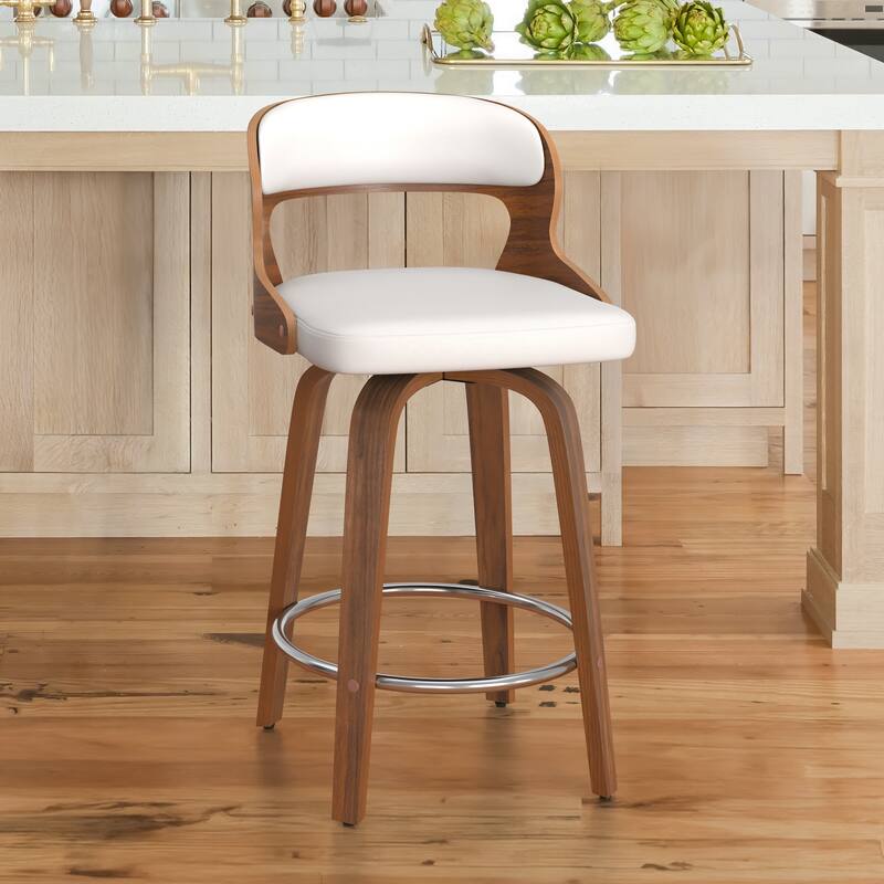 PU Leather 26in. Swivel Barstool Counter Height Low Back Solid Wood Stool for Kitchen Islands with Curved Backrest - Single - White