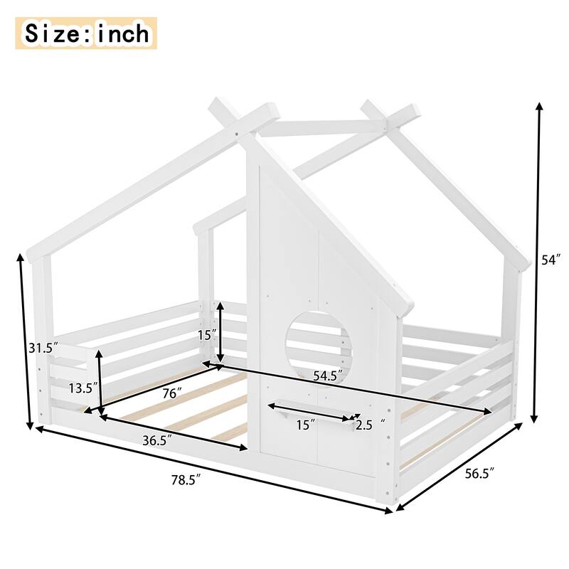 Full/Twin Size House Floor Bed with Window & Shelf, Solid Wood House-Shaped Design