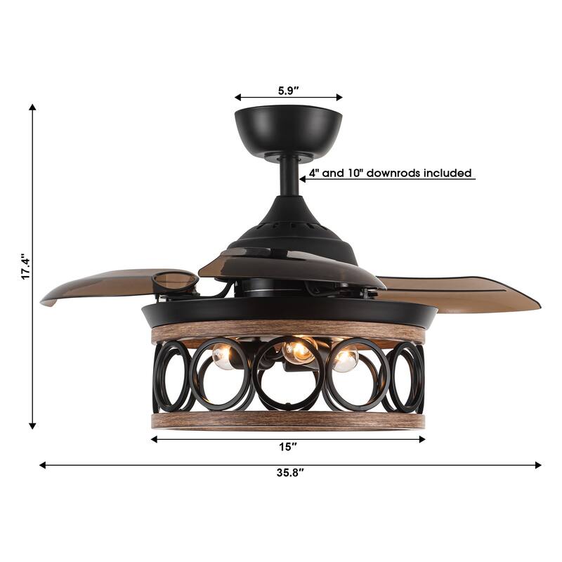 36" Metal Retractable 3-Blade Ceiling Fan Chandelier with Wall Switch