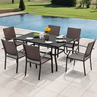 Patio 7-Piece Wicker Iron Dining Set with 1.57'' Umbrella Hole, Black