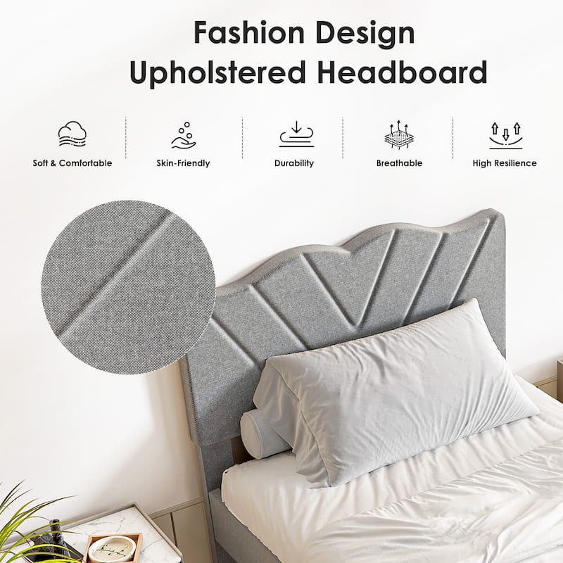 Queen Size Upholstered Bed Frame with Wooden Slats, Padded Headboard, Heavy-Duty Support, No Box Spring Required