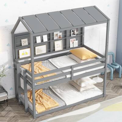 Grey House Loft Bed with Guardrails, Semi-enclosed Roof, Bedside Shelves and Ladder,Twin Size