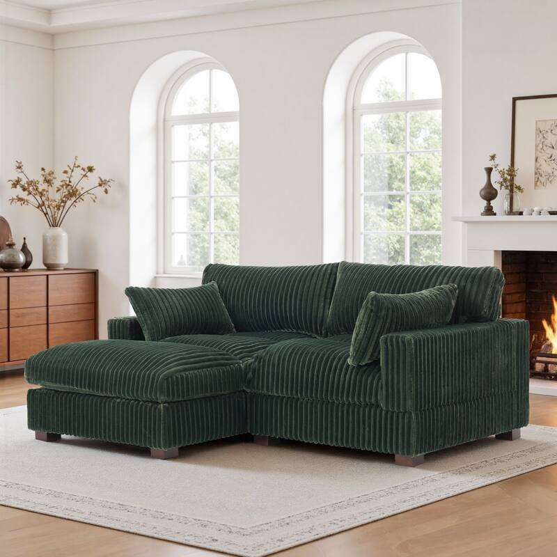 Plush Corduroy Upholstered Modular Sectional Sofa with Chaise - Left Facing - Green-2 Pieces