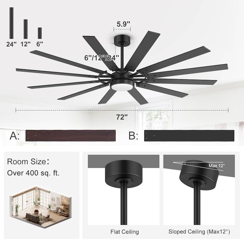 72"/80" Large Windmill Ceiling Fan with Light and Remote(12 Reversible Blades)