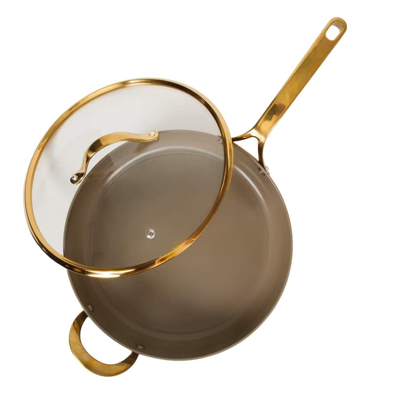 Bloomhouse Pots and Pans Heavy Duty Aluminum Premium PFA Free Ceramic Nonstick - Cappucino Cream with Gold Handle