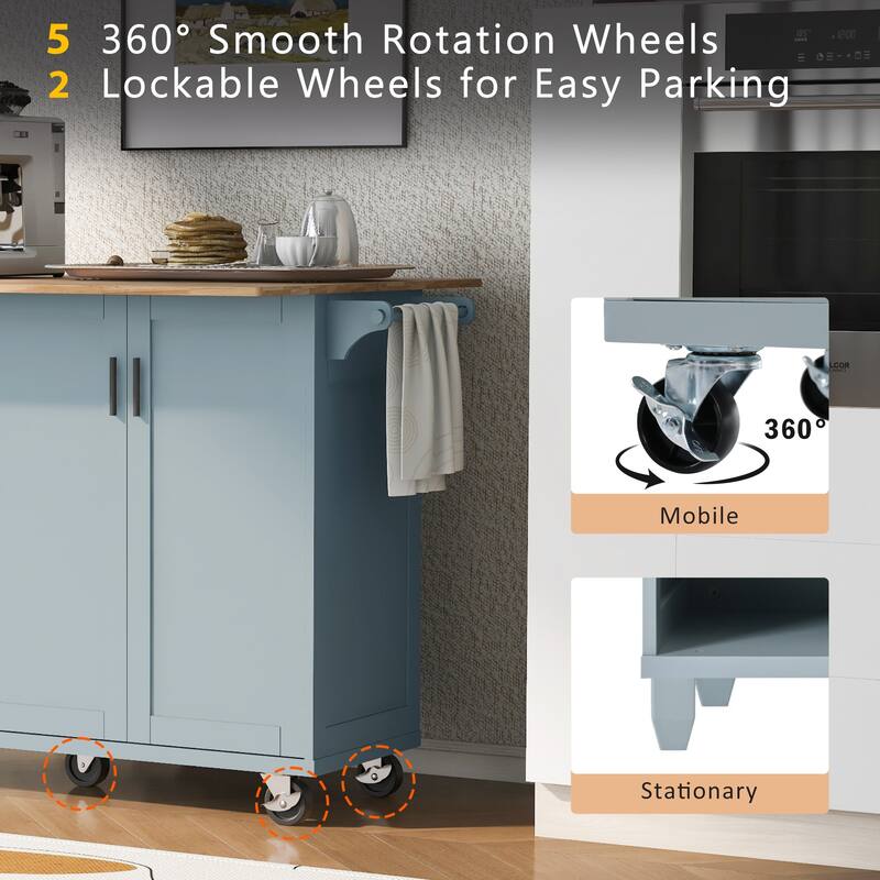 Space-Saving Kitchen Island with Foldable Countertop, Rolling Cart on Wheels, Towel Rack, Drawer & Slide-Out Shelf