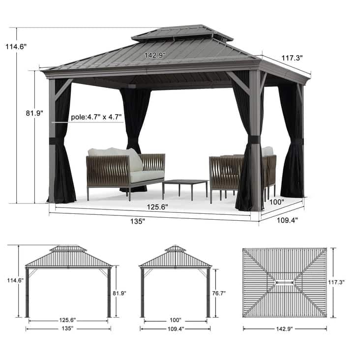 PURPLE LEAF Patio Gazebo for Light Grey Backyard Hardtop Galvanized Steel Frame with Upgrade Curtain
