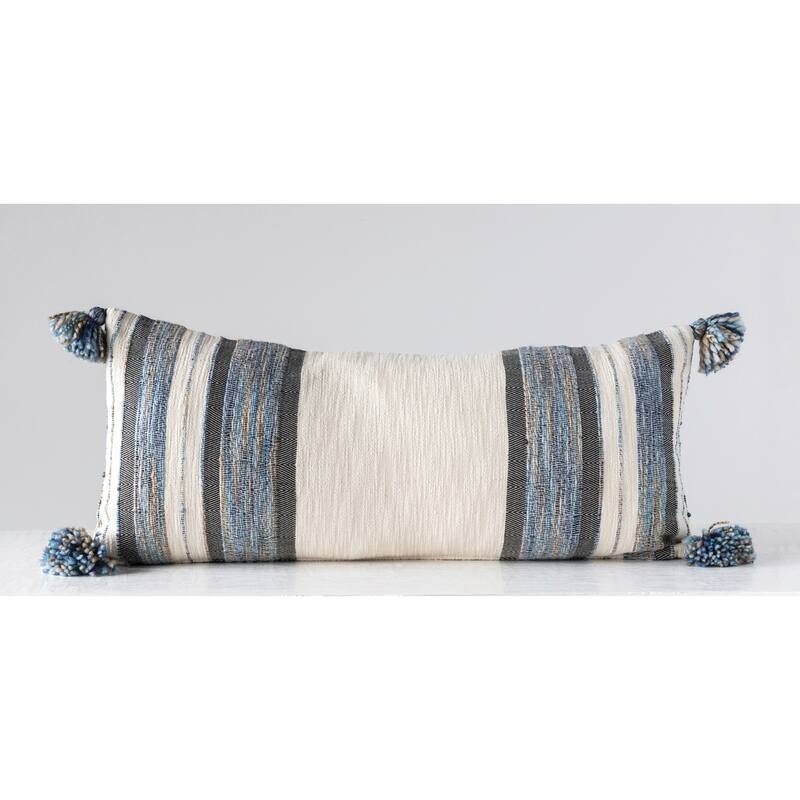 Blue, Grey & Cream Striped Cotton Blend Lumbar Pillow with Tassels