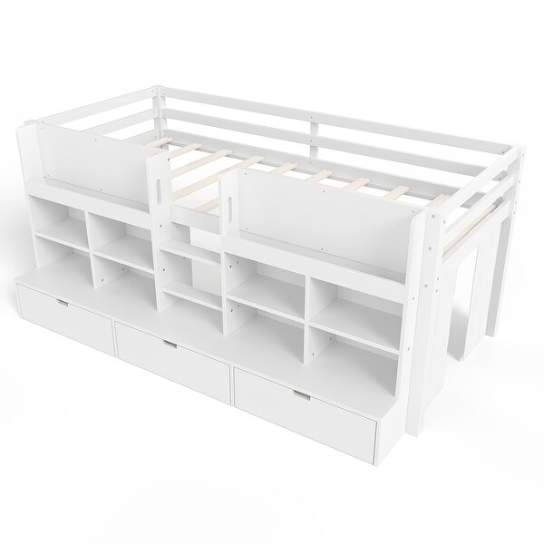 Twin XL Pine Wood Low Loft Bed with Multi-Storage Shelves, Curtain