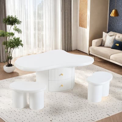 38.2" MDF Coffee Table with Hidden Storage Drawers, Cloud-Shaped Stools, and Floor-Protecting Felt Pads