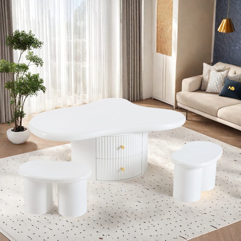 38.2" MDF Coffee Table with Hidden Storage Drawers, Cloud-Shaped Stools, and Floor-Protecting Felt Pads