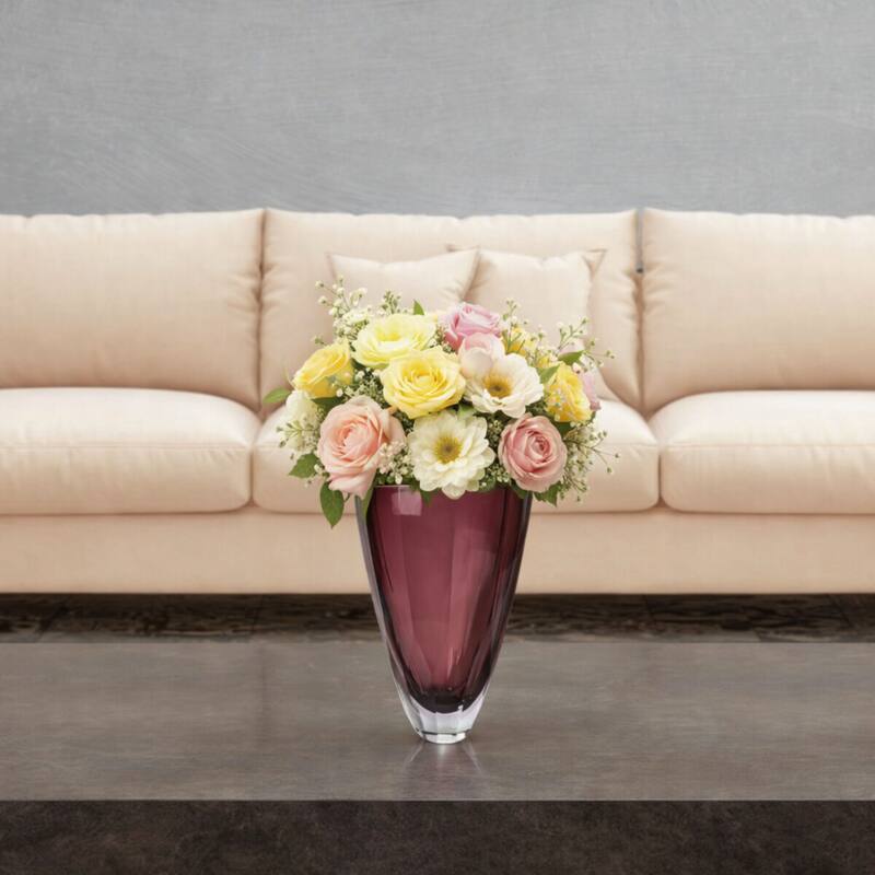 Heavy Cut Plum Glass Vase With Faceted Base And Tapered Shape