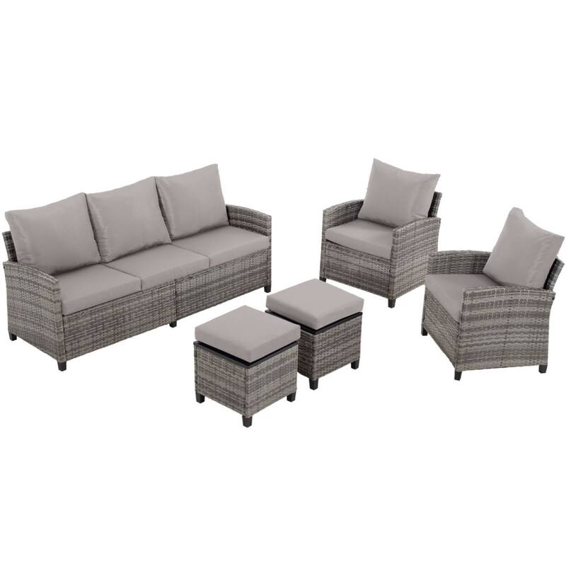 5pcs Wicker Patio Conversation Set Seating Loveseat Sofa with Ottomans
