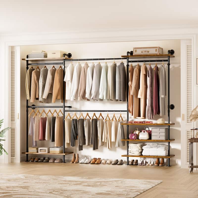 Expandable Industrial Pipe Clothing Rack with 6 Open Shelves,Adjustable Walk-in Closet Organizer System Garment Rack - Rustic Brown
