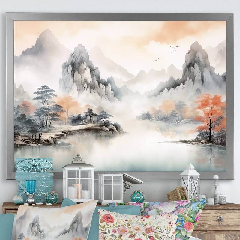 Designart "Grey Tranquil Chinese Landscape Serenity I" China Orange - Traditional Entryway Framed Wall Art Print - 44 in. wide x 34 in. high - Silver