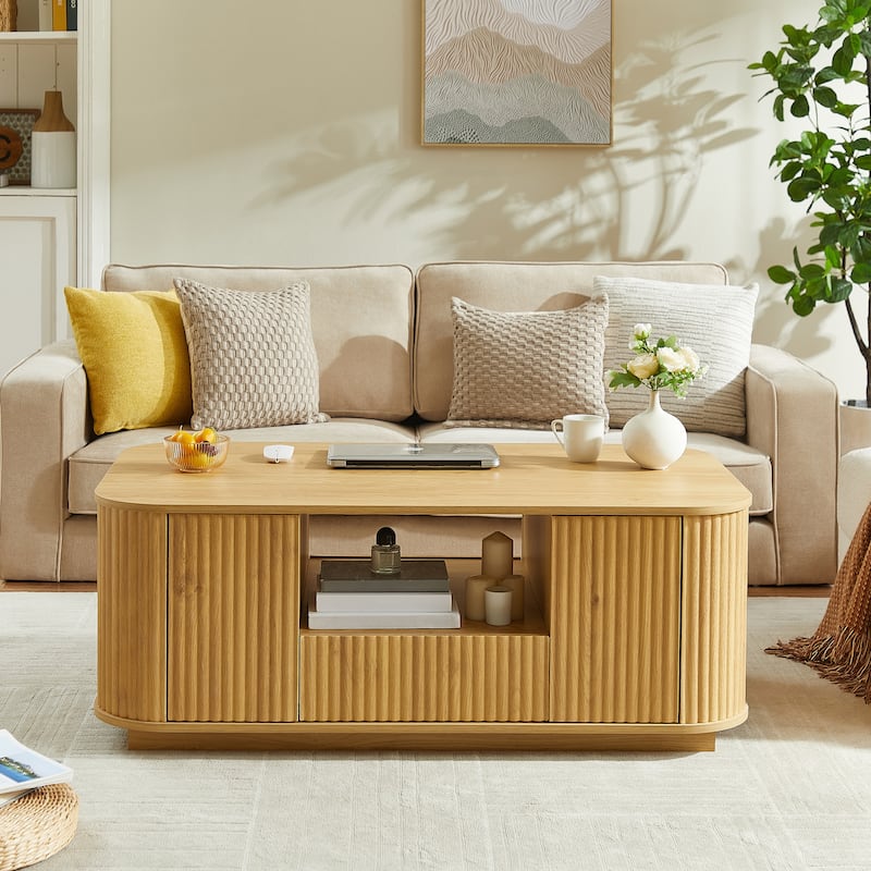 46.5" Coffee Table With Drawers And Storage Compartments, Curved Contour Design For Living Rooms, 46.5"L*27.2"W*17.7"H
