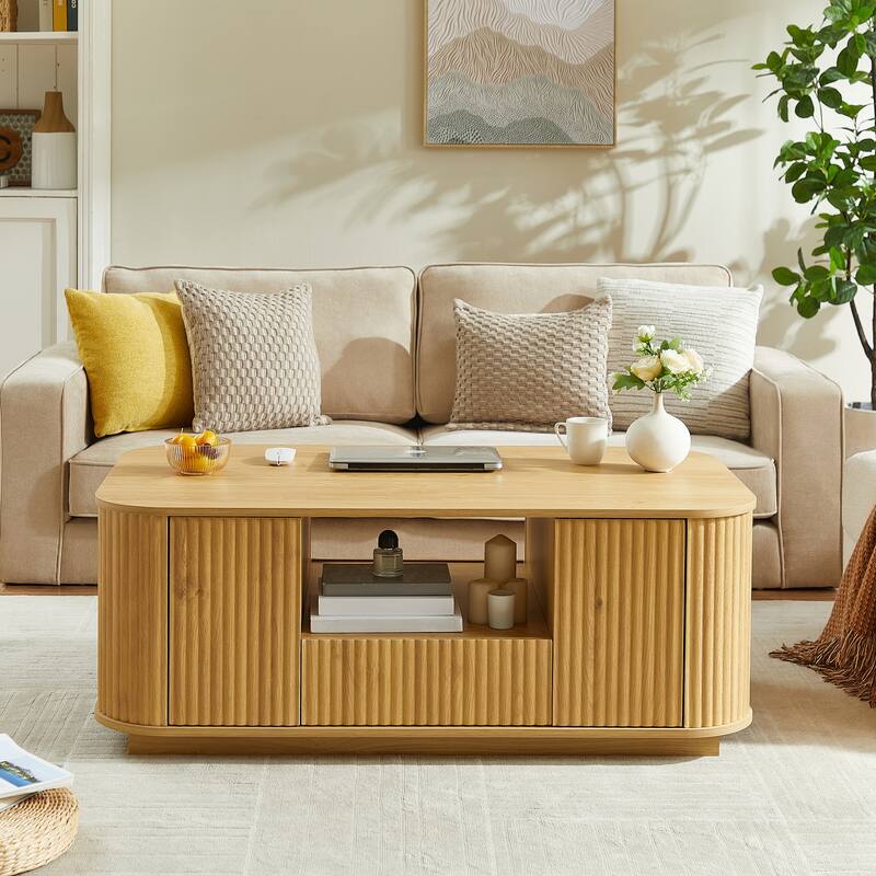 46.5 inch Modern Luxury Oval Coffee Table with Drawers Storage Curved Design Black Living Room Office