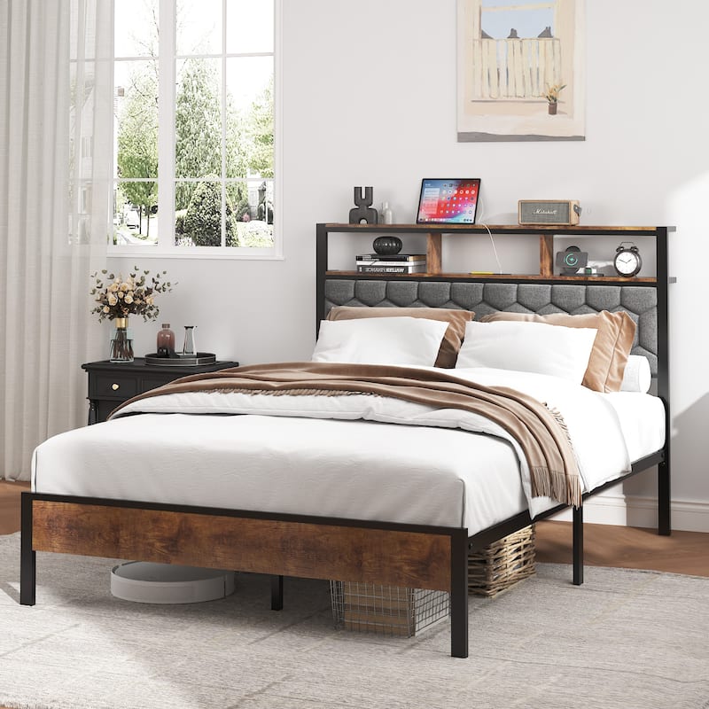 Full size wooden platform bed frame bedside with soft package and 2 USBs