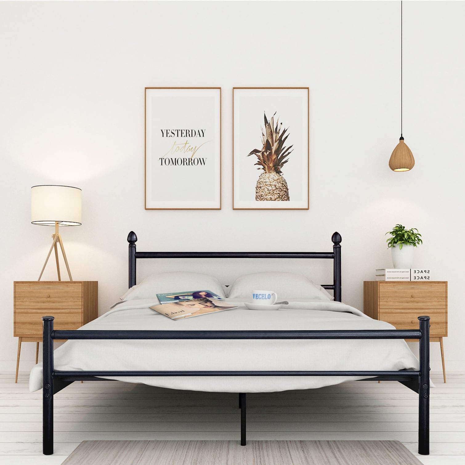 Mattress Foundation Strong Metal Slats Support Black /& Wood Grain No Box Spring Needed VECELO Platform Twin Bed Frame with Rustic Vintage Wood Headboard