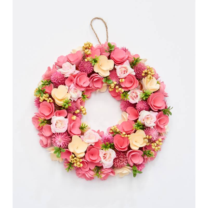 12" Valentines Pink Flower and Wood Curl Wreath - 12