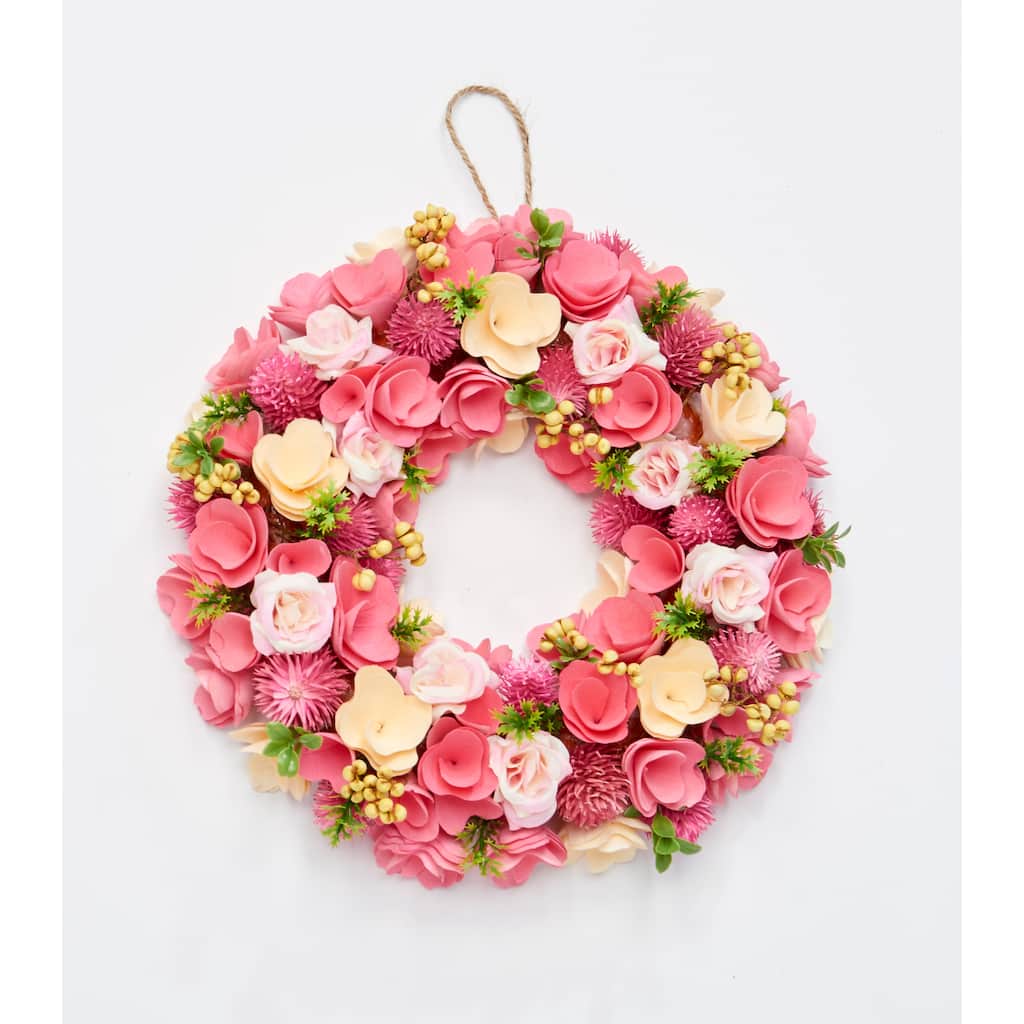 12" Valentines Pink Flower and Wood Curl Wreath - 12
