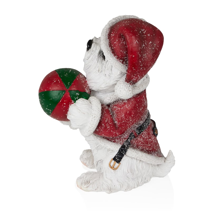 Christmas Santa White Dog Holding Ball Statuary - 11" H