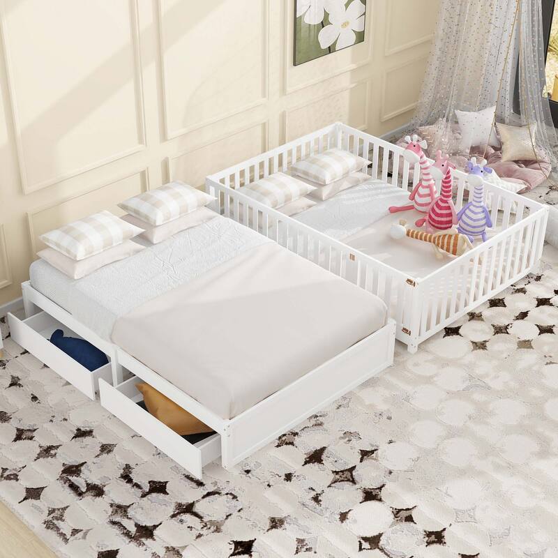 Full Size Wood Daybed with Fence Guardrails and 2 Drawers