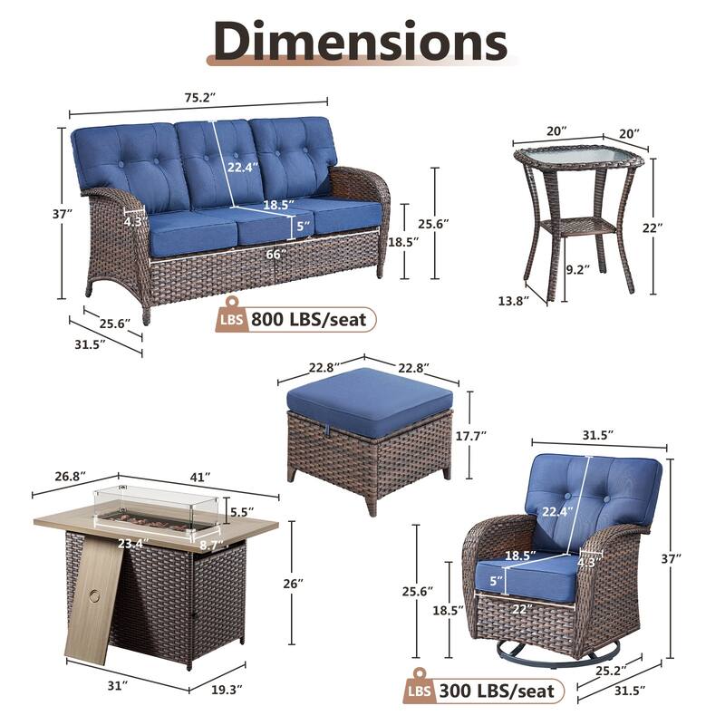 TWrap Wicker Patio Fire Pit Conversation Set with 3-Seat Sofa & Swivel Gliders