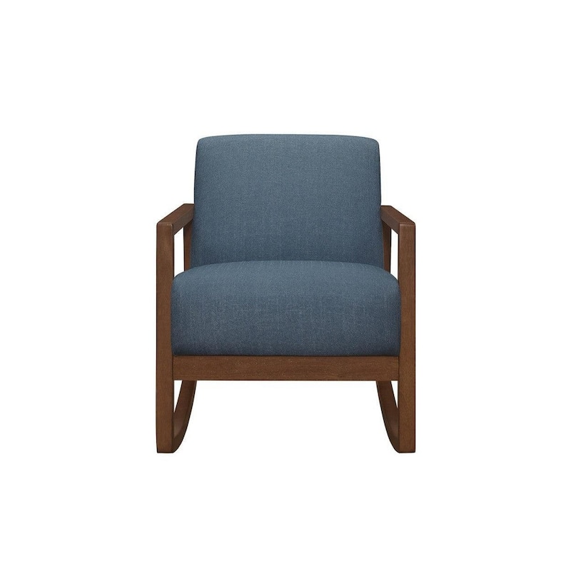 Clovi 32 Inch Rocker Accent Chair, Blue Fabric, Foam Cushions, Brown Wood