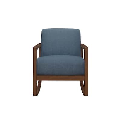 Clovi 32 Inch Rocker Accent Chair, Blue Fabric, Foam Cushions, Brown Wood